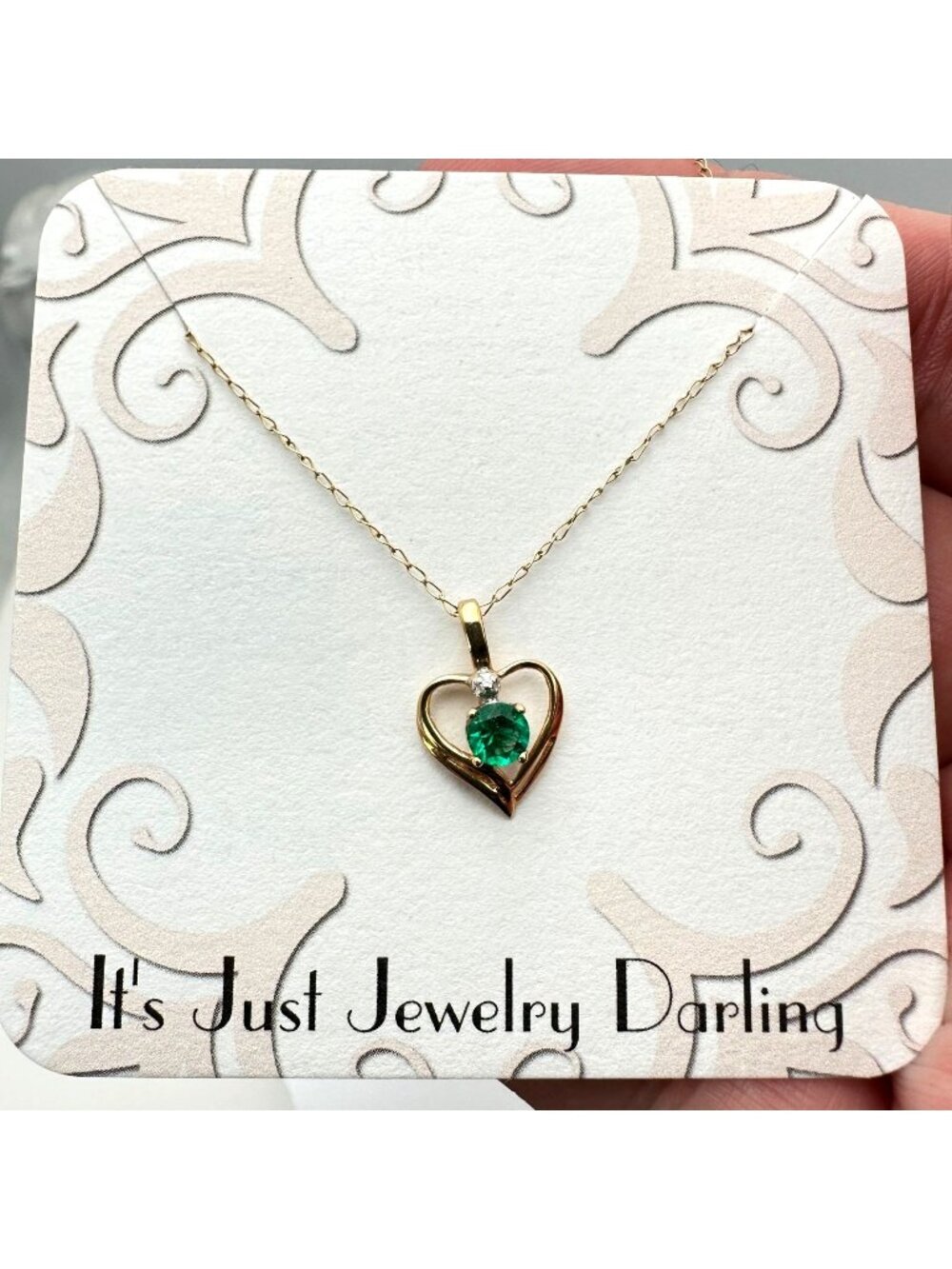 Womens Necklace 10K Yellow Gold Green Emerald Diamond Heart Pendant Gift Idea